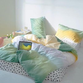 KAREVER Green Gradient Comforter Set Full Sage Green and Yellow Rainbow Bedding Comforter Set Multicolor Yellow Light Green Bedding Set Cotton Blanket Quilts Rainbow Color Comforter Set for Full Bed