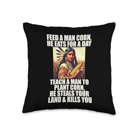 NO THANKSGIVING FUNNY MEME Native Americans Feed Pilgrims Corn Anti-Thanksgiving Native American Meme Throw Pillow, 16x16, Multicolor