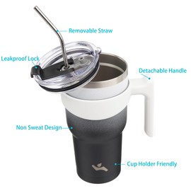 Konokyo 30 oz Tumbler with Handle and 2 Straw 2 Lid, Insulated Water Bottle Stainless Steel Vacuum Cup Reusable Travel Mug,Day & Night