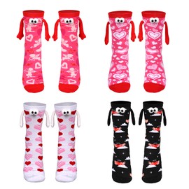 4 Pairs Valentine Hand Holding Socks, Cute Magnetic Hand Holding Socks Novelty Heart Print Socks Matching Couple Socks for Valentine's Day Funny Gifts (1 Black+1 White+2 Pink)