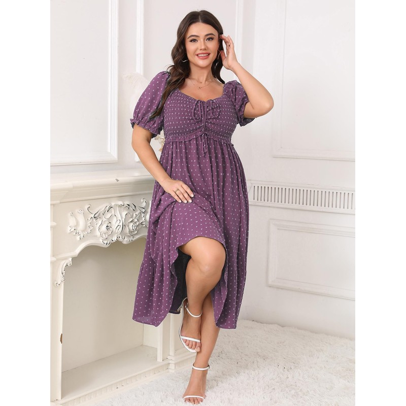 SCOMCHIC Women Plus Size Summer Dress Puff Short Sleeve Smocked
