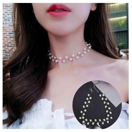 Yheakne Boho Pearl Choker Necklace Silver Pearl Beaded Choker Necklace Pearl Station Necklace Jewelry Minimalist Short Chain Collarbone Necklace Jewelry for Women and Girls (Silver)