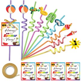 HealthSTEC 24 Sets Beach Theme Reusable Shape Straws End of School Year Gifts Bulk for Student End of The Year Cards and Reusable Drinking Straws Kit Perfect for Summer Vacation