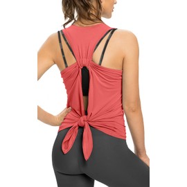Sanutch Womens Backless Workout Tops Open Back Running Yoga Shirt Tie Back Workout Tank Tops Coral Pink XS