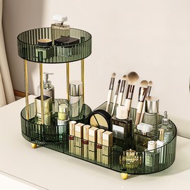 DASITON 360° Rotating Makeup Organizer for Vanity, 2 Tier Perfume Cosmetic Skincare Organizers with Makeup Brush Holder, Large Capacity Cosmetic Display Case for Bedroom Bathroom Countertop (Green)
