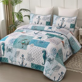 Beach Quilt Set Queen Size,3 Piece Coastal Ocean Summer Bedspread Coverlet Set with 2 Pillow Cases Lightweight Soft Microfiber Nautical Bedding Set Thin Quilted Blanket for All Seasons (96"x90")