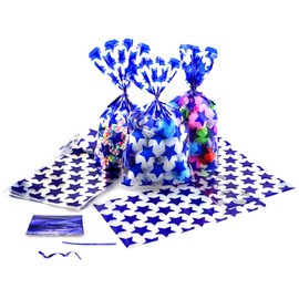 SaktopDeco 100 PCS Navy Blue Star Cellophane Reat Bags Plastic Cello Cookie Candy Gift Bags 5x8 for Beach Birthday Baby Shower Patriotic Party Packing