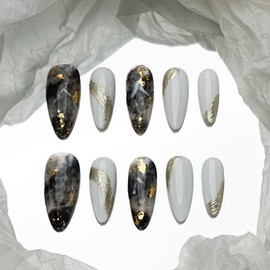 Sun&Beam Nails Handmade Nail Tips, Medium, Long, Almond, Silver, Silver, White, False Nails, Graduation, Hand-painted Design, Fashionable, False Nails, 10 Pieces (#209 XS)