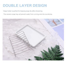 Soap Dish, Stainless Steel Sponge Holder with Ceramic Soap Tray, Double Layer Design, Self-draining Soap Dishes for Shower Bathroom Bathtub, Sponge Holder for Kitchen Sink