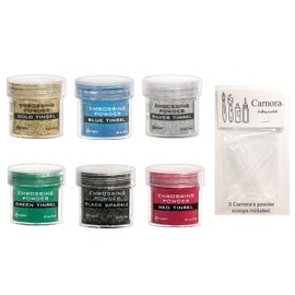 Ranger Tinsel Embossing Powder, Gold, Blue, Silver, Green, Red, and Black Sparkle, Bundle of 6 1/2 Ounce Jars Plus 3 Carnoras Scoop Spoons