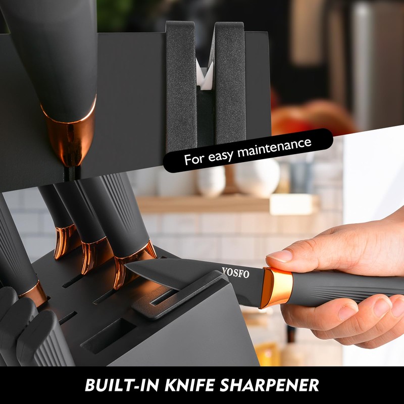 YOSFO Kitchen Knife Set,15 Pcs Knife Set with Block and