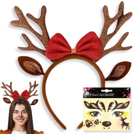 Axinyijia Deer Ears Reindeer Headband, Deer Costume Accessory with Face Tattoo for Women and Girls, Deer Reindeer Headband for Carnival, Fancy Dress, Theme Party, Cosplay