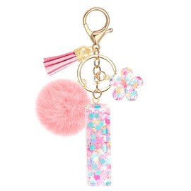 JSRQT Pink Initial Letter Keychain I for Women Girls, Flower Sequins Resin Alphabet Letter Keyrings with Flower Tassel Poms Pendants, Cute Fashion Bag Charm Car Key Chains for Handbags Backpack Decor