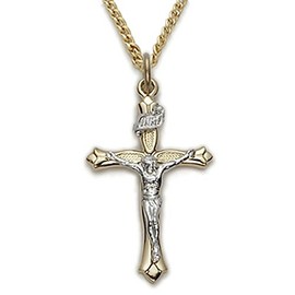 TrueFaithJewelry 14KT Gold Plated Sterling Silver Jesus Crucifix Cross Pendant Two-Tone Necklace Religious Jewelry, 7/8 Inch