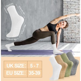 Utensilsto 4 Pairs Pilates Socks Stopper Socks Women 35-39 Yoga Socks Non-Slip Women's Socks Long Grip Socks for Pilates Barre Ballet Dance Trampoline, Grey, Green, White, Khaki, 35 - 39
