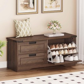 FATORRI Bench with Shoe Storage for Entryway, Wooden Shoe Benches with Flip Door and Drawers, Entry Way Shoes Organizer Cabinet for Living Room Mudroom (Dark Walnut)