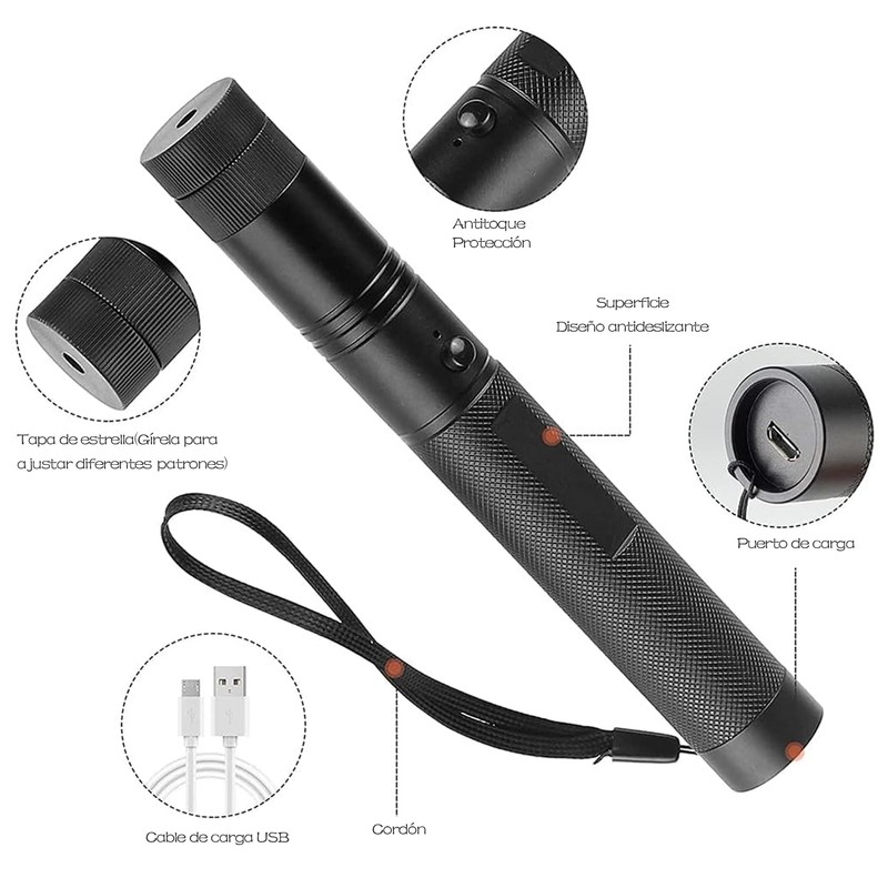 Linterna de luz verde, Carga USB, Adecuado para Acampar, Cazar,