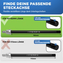 LAINFELD Thru Axle for Bicycle Trailer, M12, Length 167-192 mm, Bicycle Trailer Thru Axle with Adapter for Trailer Towing Hitch Coupling