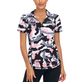 LURANEE Women's Short Sleeve Moisture Wicking Athletic Shirts Quarter Zip Pullover Pink Camo