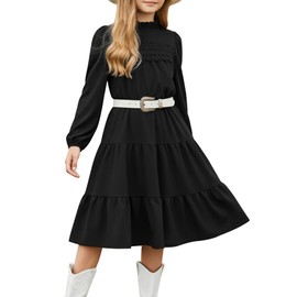 Sunny Spirit Girl's Spring Party Midi Dress Tween Long Sleeve Fall Holiday Midi Tiered Flowy Swing Dresses 12-13 Year Black