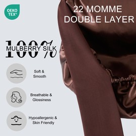 ZIMASILK 22 Momme 100% Mulberry Silk Bonnet for Sleeping Women Long Hair Double Layer Silk Hair Wrap with Elastic & Tie Band Cooling Hair Caps for Hair Care Stay On Head (1Pc, Chocolate)