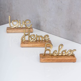 levandeo Set of 3 Lettering Love Home Relax Gold Mango Wood Metal Stand Decorative Letters Table Decoration