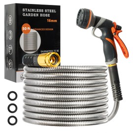 Metal Garden Hose 50FT Heavy Duty Lightweight 304 with Brass Nozzle,Durable Fittings,No Kink & Tangle,Puncture Resistant,Easy to Use & Store for RV,Outdoor, Yard,Ligh