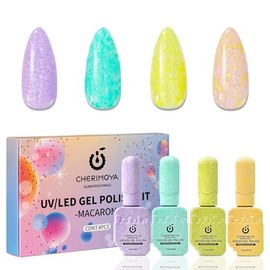 Cherimoya Juego de Esmaltes de Uñas en Gel de Color Macaron Kit de 4 | Esmaltes de Uñas Gels Agua Marina, Amarillo, Verde, Lila, Esmaltes en Gel UV/LE