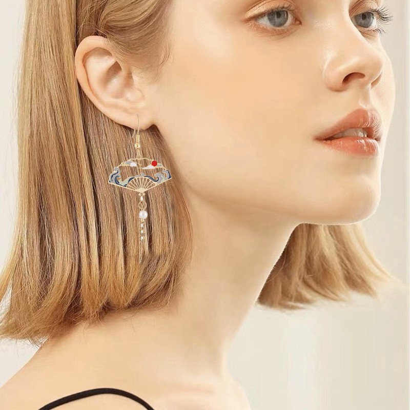 Just Follow Chinese Style Hollow Geometric Fan Tassel Earrings Oriental