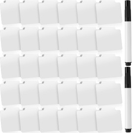 32 Pieces Basket Labels Clip Set, Include 30 Pieces Kitchen Clip Label Holder Removable PVC Bin with 2 Pieces Chalk Marker for Basket Pantry Organization Box (White, Black Pen)