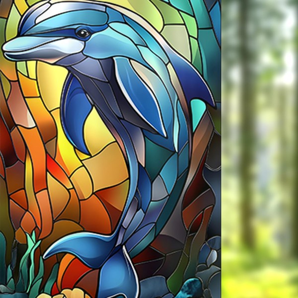 Nuxovilar Stained Glass Dolphin Window Film, 16.9×39.4inch, Underwater Dolphin Pattern