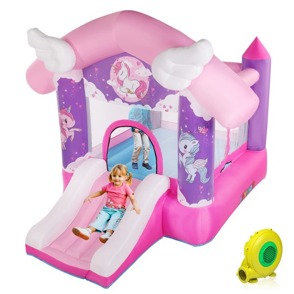 JOYMOR Pink Princess Inflatable Bounce House with Slide Basketball Hoop, Flying Unicorn Theme Bouncy Castle for Girls, Outdoor and Indoor use(Blower Included)