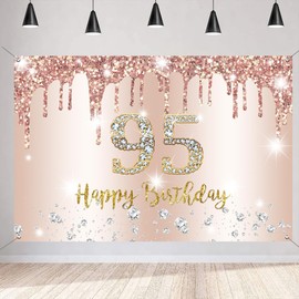 Happy 95th Birthday Decorations Backdrop Banner for Women Happy 95 Years Old Party Sign Poster Woman 95th Birthday Rosegold Photography Background 95th Birthday Party Supplies, 150x90cm