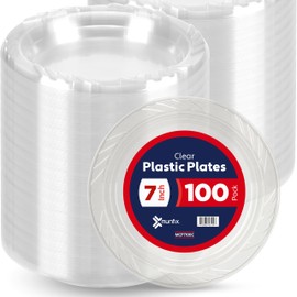 Munfix 100 Clear Plastic Plates Set - 7 Inch Plastic Dessert/Salad Plates, Disposable Plates Bulk Pack, Party Plates for BBQ, Picnic, Parties, Travel and Events, Microwavable Recyclable