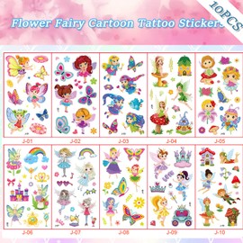 10 Sheets(120PCS) Flower Fairy Temporary Tattoos for Girls Cartoon Fake Tattoo Stickers Cute Butterfly Rainbow Flower Design Waterproof Body Art Tattoo Sticker for Kids Birthday Party Decor Supplies