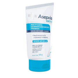 Asepxia GENÉTICA, Crema MATIFICANTE Hidratante, dermatológicamente probada, para pieles con gen graso, neutraliza el brillo indeseado, controla la grasa y renueva la piel, tubo 50 g