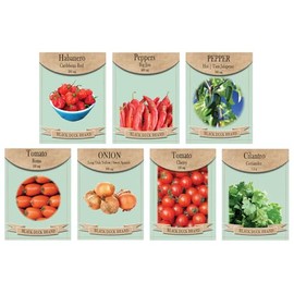 Set of 7 Salsa & Pepper Garden Seed Collection – Grow Fresh Ingredients for Homemade Salsa & Spicy Dishes – Non-GMO, Heirloom, High Germination – Tomatoes, Peppers, Onion & Cilantro