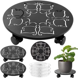 3 Packs 14 inches Large Metal Plant Caddy with Wheels Round Planter Dolly Pot Mover Rollers Wrought Iron Rolling Plant Stands Indoor Outdoor Wheeled Plant Holder Coaster Trolley, Butterfly, Black