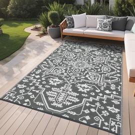 Outdoor Rug 8x10 Waterproof Reversible Plastic Straw Mat, UV-Resistant Vintage Medallion Camping Carpet for Patio, Deck, Balcony, Picnic, Large Outside Floor Mat, Grey White