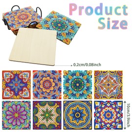 Gvhntk 8 Pcs Square Diamond Painting Coasters with Holder Small Diamond Art Painting Kits 5D DIY Painting Kit Coaster for Adults Beginners Kids Drinks Craft Supplies Home Decor Gift (Square Mandala)