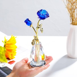 YWHL Crystal Blue Rose Flower Figurine Long Stem with Crystal Vase, Rose Bouquet Gifts for Sister Mom Women on Mother's Day Birthday Anniversary, Glass Flowers Ornament Home Table Wedding Decor