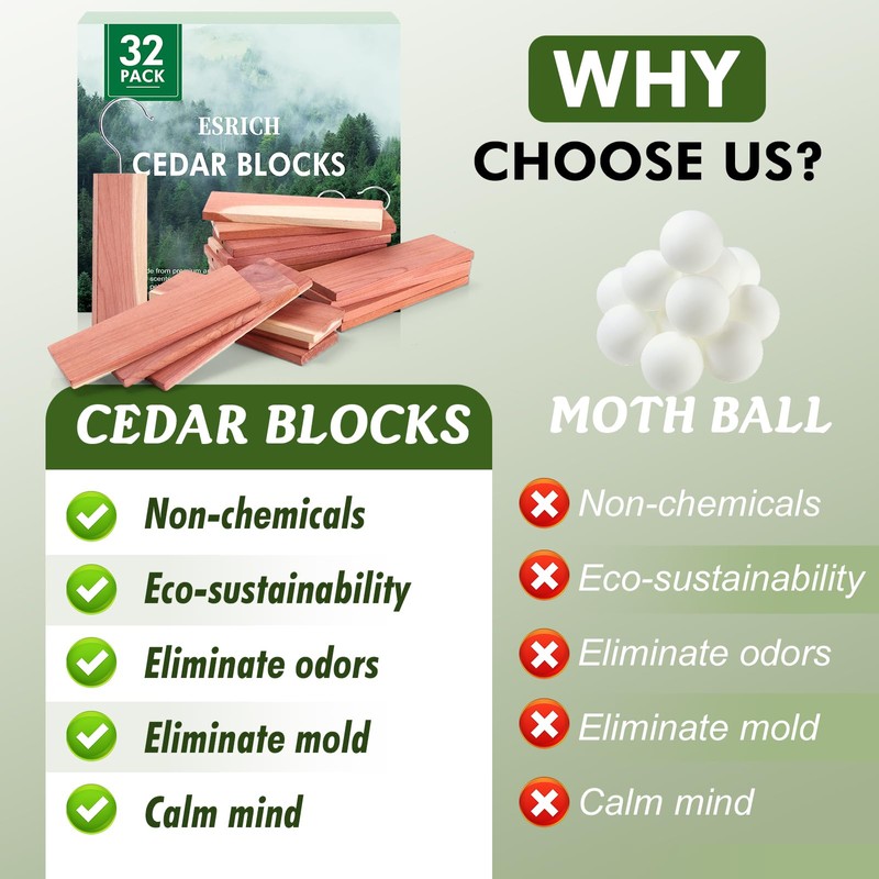 ESRICH Cedar Blocks for Clothes Storage,32 Pack with Metal Hooks,100%