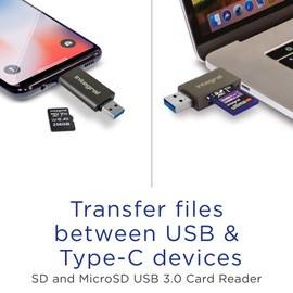 Integral Dual Interface USB3.0 & USB-C Type-C Micro SD & SD Memory Card Reader Adapter - Up to 180MB/s Read & 130MB/s Write Speed, Supports A2 App Performance and PC & Mac Compatible