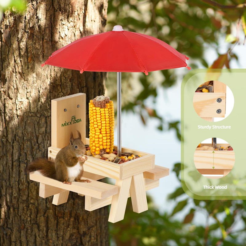 MIXXIDEA Squirrel Feeder Table with Umbrella, Wooden Squirrel Picnic Table
