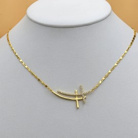 JEYFEL 24K Gold Plated Double Cross Clear Crystals Necklace. Faith, strength, Unity