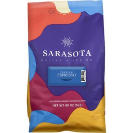 Sarasota Coffee Whole Bean Espresso | Dark Roast Gourmet Coffee Beans | Low Acid, Mold Free, Specialty Grade Bulk Beans | 5lb (80 oz)