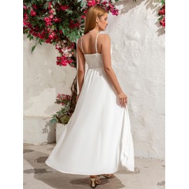 Parthea Womens Spaghetti Straps Corset Dress Boho Flowy Slit Square Neck Casual Midi Dresses White