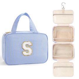 TOPEAST Travel Toiletry Bag Makeup Bag - Hanging Toiletry Bag for Women, Portable Toiletries Travel Bag and Cosmetic Bag, Airplane Travel Essentials Travel Toiletry Bag - Letter S, Blue