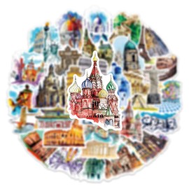 50PCS Stickers for Famous Buildings,World Architecture Stickers,Teens Boys and Girls Sticker Pack Vinyl Skateboard Guitar Door Laptop Luggage Car Bike Water Bottle Birthday Party Supplies Stickers