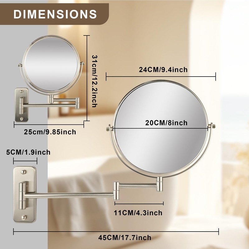 JANEEVA 8" Wall Mounted Makeup Mirror, 10X Magnifying Mirror with